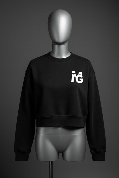 I'M GREAT Fleece Crop Top in black with white IG logo