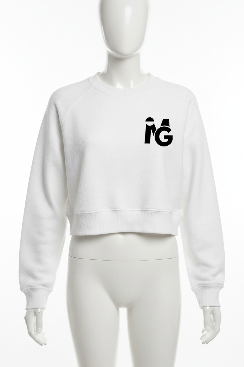 I'M GREAT Fleece Crop Top in white with black IG logo